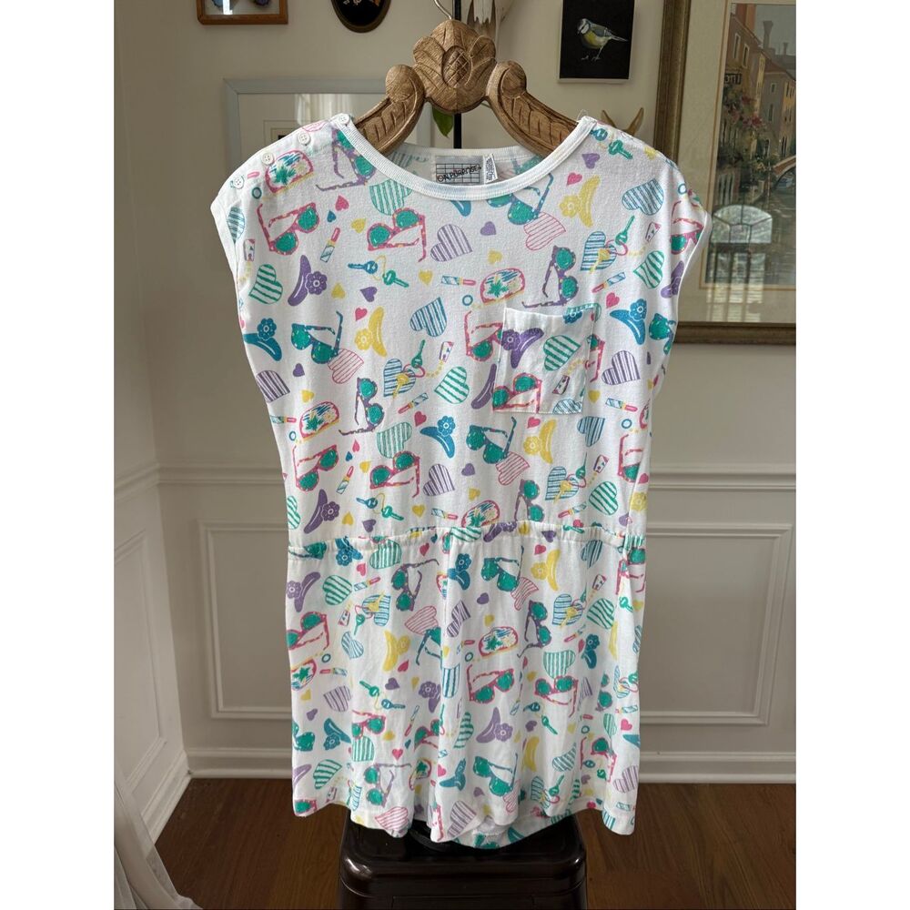 Vintage 80s 90s Tshirt Material Romper Summer Novelty Print L - Picture 2 of 8